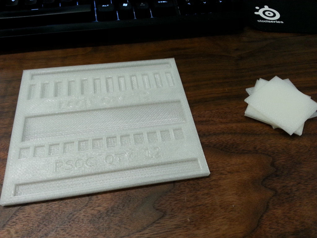 3D printed part tray with test squares